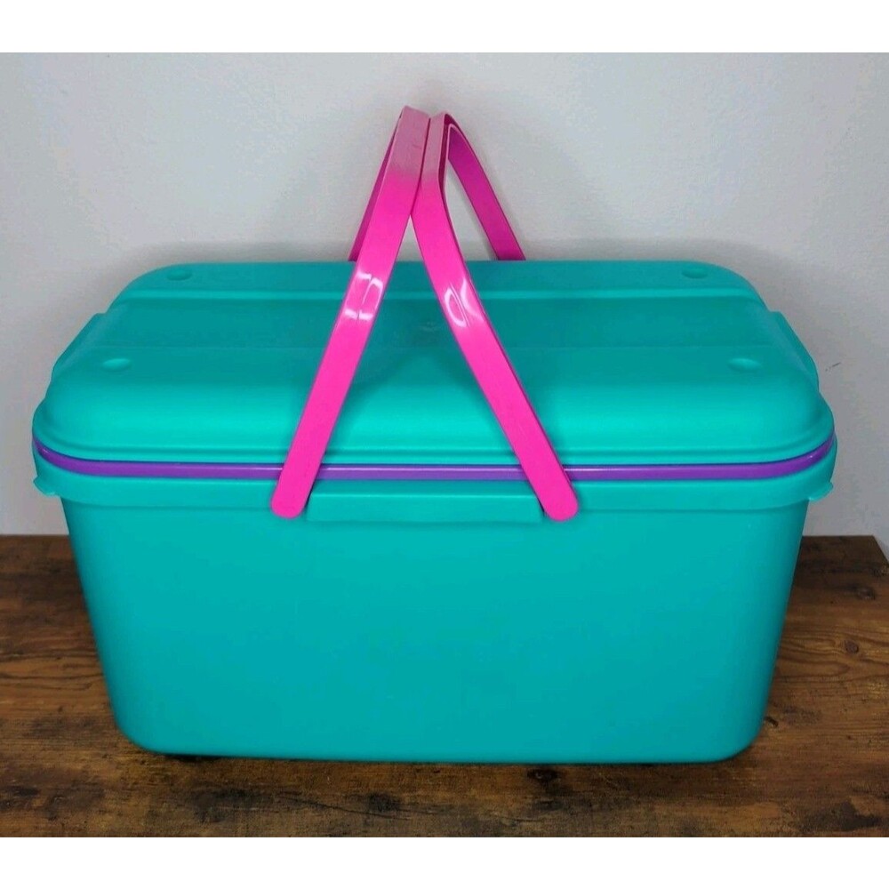 Vtg Eagle Craftstor Teal & Pink 20” Craft Sewing Storage Bin/Tote w/ Inserts